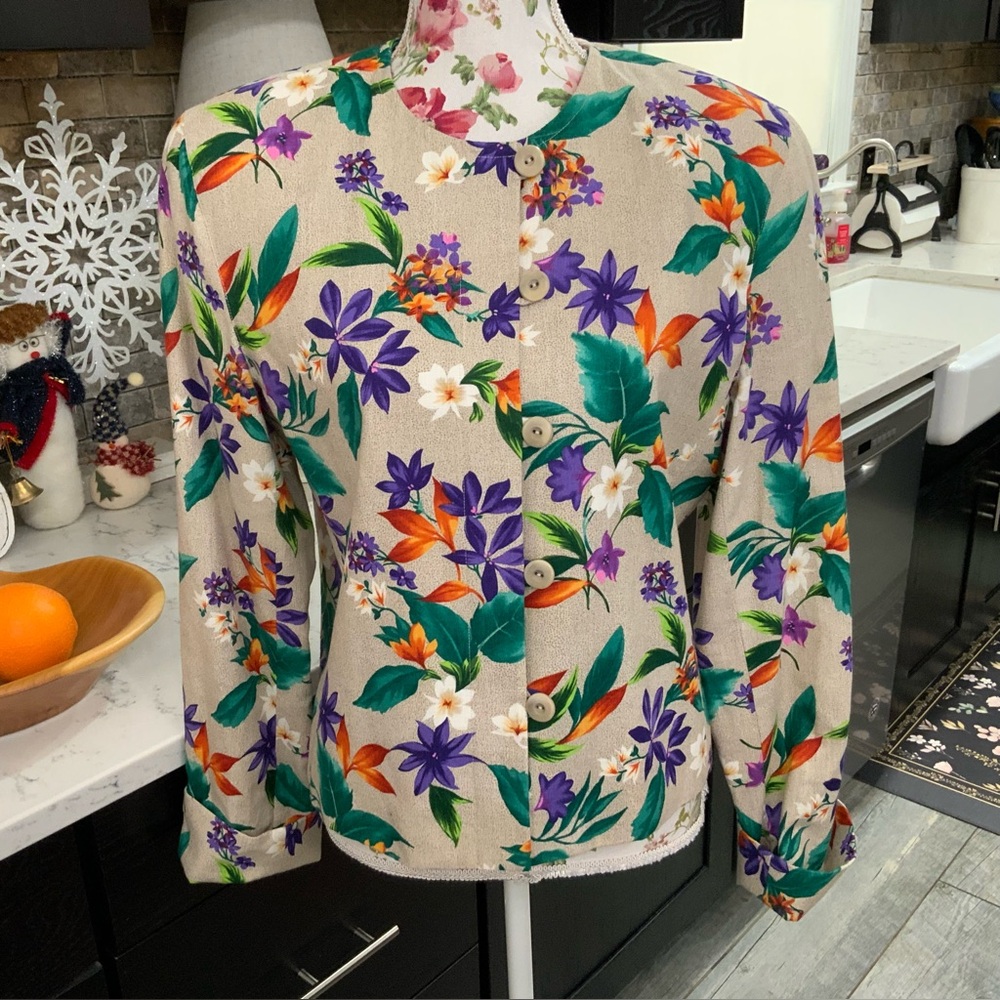Doncaster Vintage Linen Blend Jacket Women’s 12 Tropical Floral 5 Button Lined